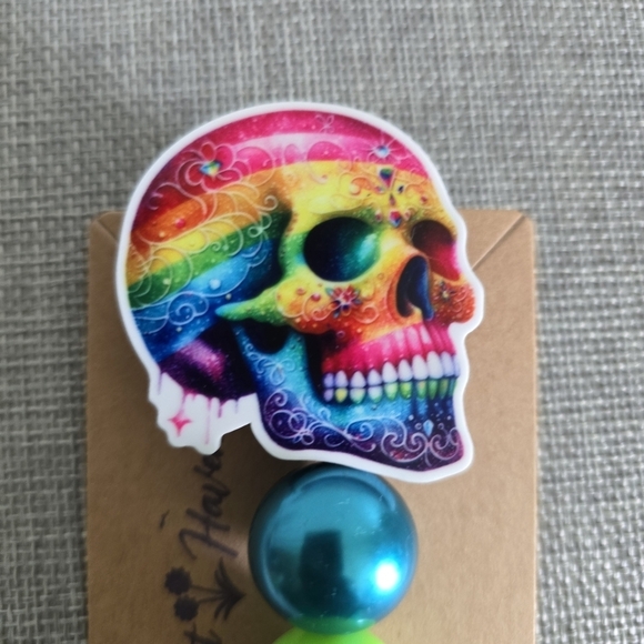 Skull Skeleton Colorful Pink Gothic Retractable Name Badge ID Reel Holder - Picture 2 of 3